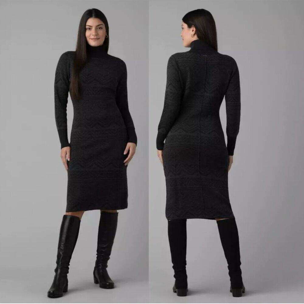Prana South Rock Charcoal Patterned Knit Turtleneck Midi Sweater Dress